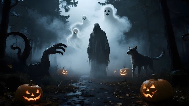 Surreal Halloween Scene with Spooky and Dreamlike vibes