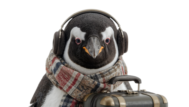 Stylish penguin with headphones and scarf: ready for adventure with suitcase