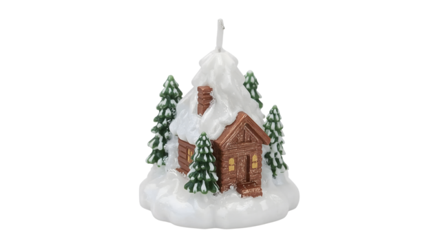 Festive snowy cabin candle  cozy winter decor with pine trees and snow
