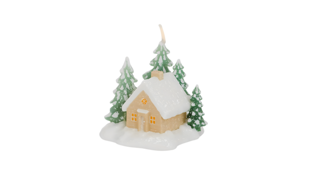 Snowy candle cottage with pine trees capturing winter's cozy charm - Powered by Adobe