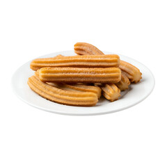 Pile of golden-brown churros with sugar coating on a plate.