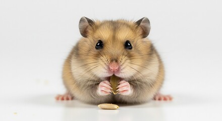 可愛いハムスターが美味しそうに種を食べる姿 明るい背景で撮影. AI Generated