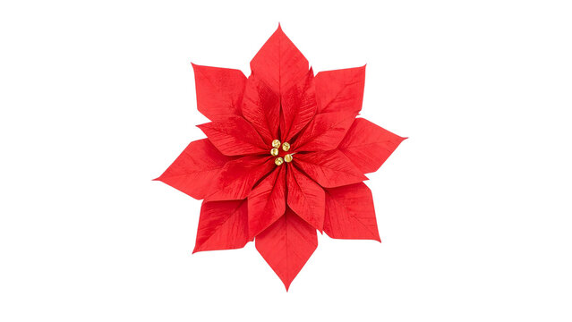 Vibrant red origami poinsettia flower on minimalist isolated background
