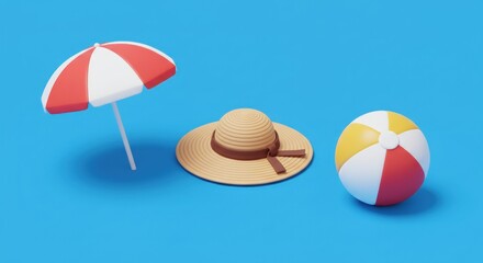 Beach accessories umbrella, hat, and ball, on blue background