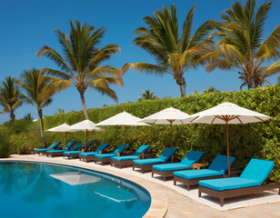 Fototapeta premium panoramic holiday landscape luxury beach poolside resort hotel swimming pool beach chairs beds umbrellas palm trees relax lifestyle blue sunny sky summer island seaside leisure travel vacation