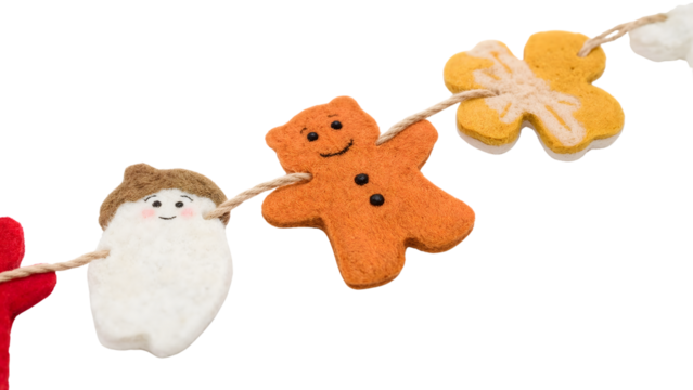 Colorful felt garland with teddy bear and smiling characters on string