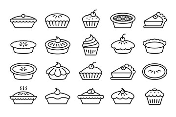 Collection of Pie and Cupcake Icon Vectors in Black Outline for Pastry Designs and Sweet Treat Graphics