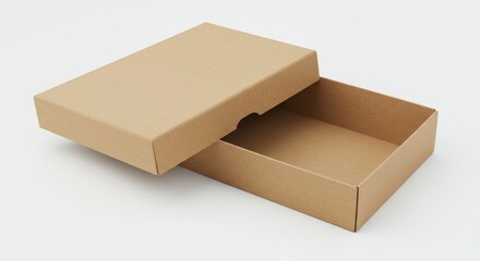 A rectangular, open cardboard box with the lid partially ajar, displaying the interior. The box and lid are plain, light brown