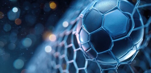 Close-up of a soccer ball entering a net, blurred background lights