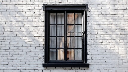 Obraz premium A stylish black-framed window on a textured white brick wall, exuding charm and minimalism.