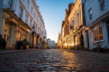 Obraz premium Cobblestone street at sunset, lined with charming, multi-story buildings, shops with warm lighting, pedestrians visible in distance
