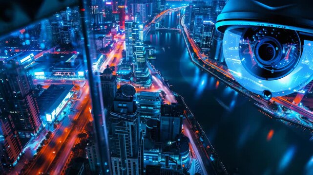 Surveillance camera overlooking a brightly lit futuristic city at night, symbolizing urban security and smart city infrastructure with advanced technology
