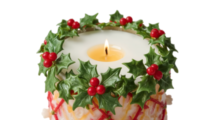 Decorative holiday candle with holly and berry design for festive ambiance