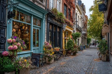 Cobblestone street lined with colorful shops, overflowing with autumnal flowers and plants; a few pedestrians are visible in the distance