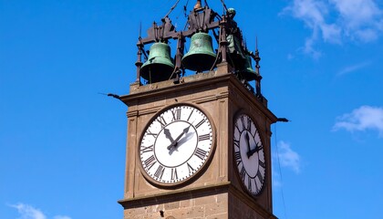 Historical clock tower with bells against a bright blue sky in Europe Landmark