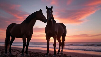 Silhouetted Horses on a Beach at Sunset