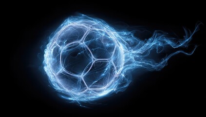 Glowing blue soccer ball streaks across a black background, leaving an ethereal, smoky trail