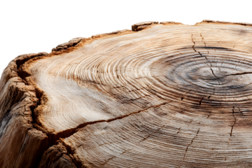 Wooden tree stump showing growth rings with transparent background