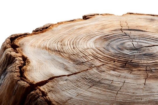 Wooden tree stump showing growth rings with transparent background
