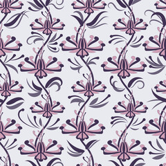 Art nouveau style floral seamless pattern. Purple and violet flowers and leaves on pale lilac background, vector.