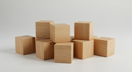 Obraz premium A close-up captures a cluster of light brown, wooden cubes. They are stacked and scattered on a white surface, some overlapping