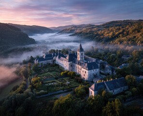 Misty sunrise illuminates a sprawling abbey nestled in a valley, surrounded by lush gardens and rolling hills, creating a serene and picturesque landscape