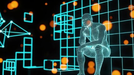 A futuristic digital representation of a humanoid figure seated in a stylized environment filled with geometric shapes and glowing orbs symbolizing technology and innovation in a virtual space - Powered by Adobe