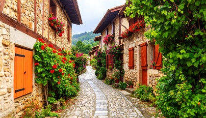 Fototapeta premium Idyllic European village street with stone buildings, flowers and greenery captures the essence of