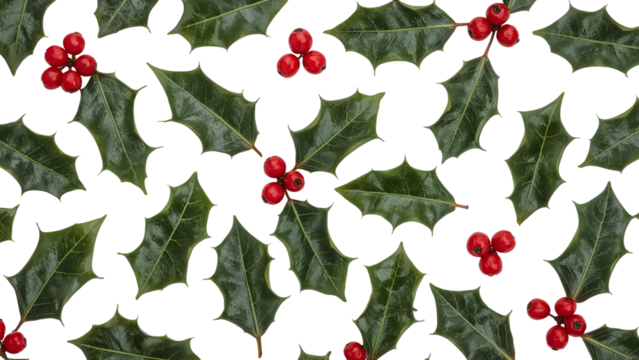 Festive holly leaves and berries pattern on isolated background for christmas decor