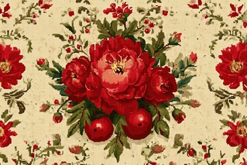 Floral pattern, red roses, beige background