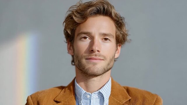 Handsome Man's Portrait: A striking headshot of a handsome man in a studio setting, exuding confidence and charm. His natural look and stylish attire elevate this captivating portrait.