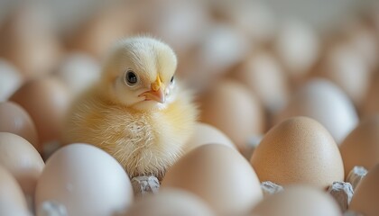 A little yellow duck among a pile of eggs, suitable for farm promotional posters and illustrations in teaching materials of children's education institutions.