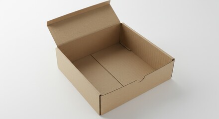An empty open cardboard box on a white surface, viewed from above. The box has a slightly raised lid and a central divider inside