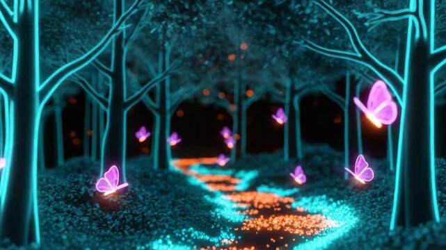 A vibrant glowing forest scene at twilight featuring neon butterflies fluttering among luminescent trees creating a magical atmosphere ideal for fantasy-themed content