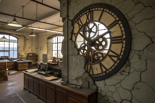 Antique industrial loft interior with large exposed clock mechanism and vintage office furniture