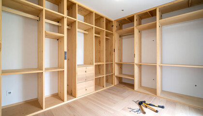 Custom built-in wooden closet with shelves, drawers and rods, designed for modern storage solutions
