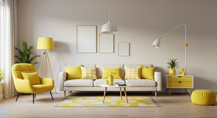 明るく輝く黄色い家具 穏やかな光が差し込むモダンなリビング. AI Generated