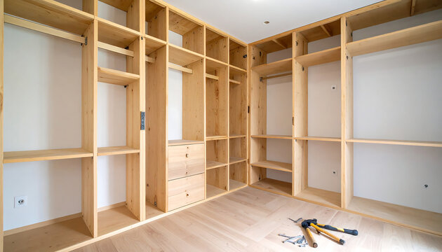 Custom built-in wooden closet with shelves, drawers and rods, designed for modern storage solutions