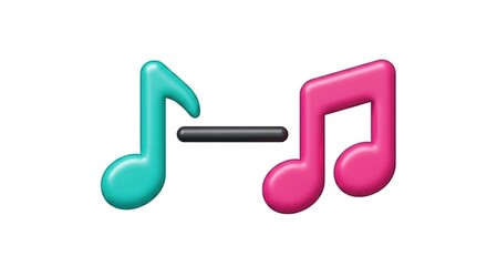 Two 3D musical notes, teal and pink, separated by a black staff line, on a white background