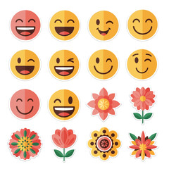Set of retro 70s style groovy icons featuring smiling daisy flowers and colorful heart shapes for a positive vibe