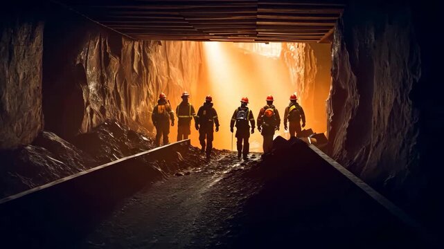 Industrial Miners Emerging from Underground Passage