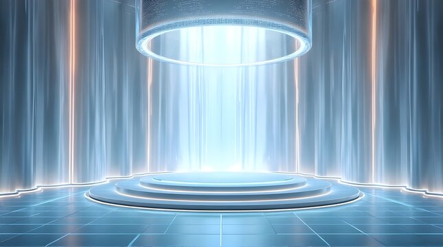 Futuristic sci-fi platform with glowing light ring and illuminated tiles, ideal for tech branding and UI design themes  - Powered by Adobe