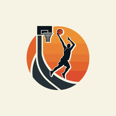 Basketball vector of player performing slam dunk with dynamic curved design and orange sunset background. Perfect for sports branding
