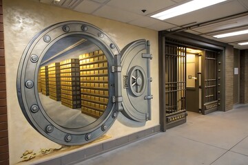 Massive vintage bank vault door illusionistically painted open revealing rows of golden safety deposit boxes inside