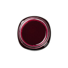 Close-up view of a round glass jar filled with deep red liquid, isolated on a white background