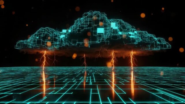 A futuristic digital cloud emitting lightning strikes above a glowing grid landscape representing advanced technology and innovation perfect for illustrating concepts of cloud computing and digital tr