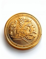 A close-up of a golden coin featuring intricate floral details, symbolizing achievement and excellence in various cultures.