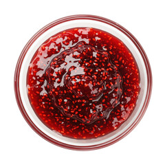 Close-up view of vibrant raspberry jam in a glass jar, showcasing its glossy texture and seeds