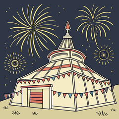 Obraz premium Festive circus tent under a starry night sky with fireworks