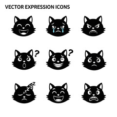 A vector set of black cat head icons with various emotional expressions. Funny cartoon feline character faces showing happy, sad, angry, and sleepy feelings.